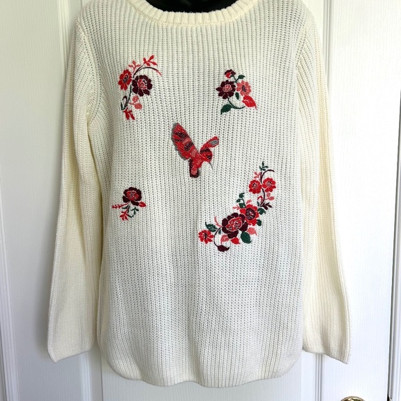 Large Floral Embroidered Sweater Round Neck Pullover Cream Cozy Fall Cottagecore - Picture 6 of 6